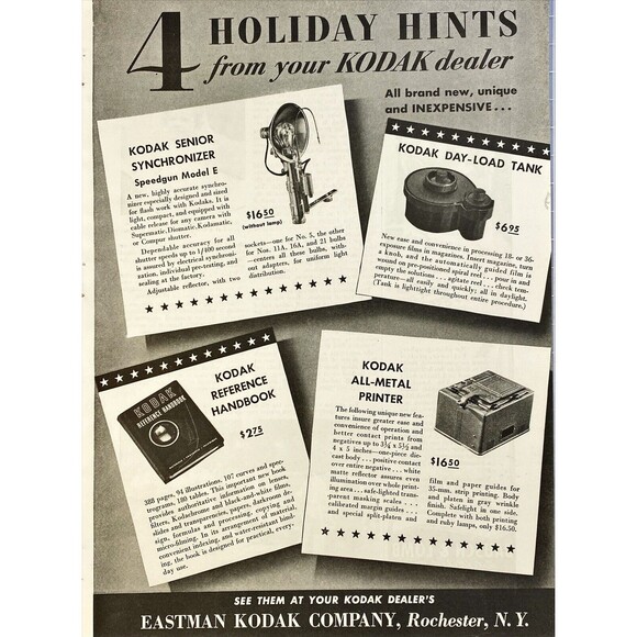 Eastman Kodak Co. "4 Holiday Hints from your Kodak Dealer" Vintage Print Ad 1941 - Picture 1 of 3